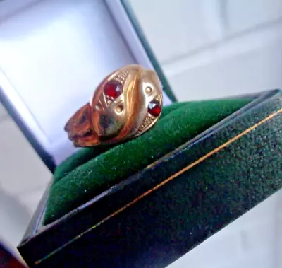Vintage RETRO Large 9ct Yellow Gold & Garnet SNAKE Ring H/m 1958 Chester  Size W • £338