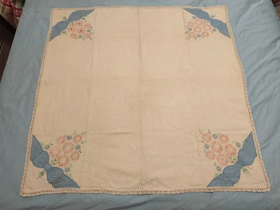 $13 • Buy Vintage Old Small Tablecloth Embroidered Flowers Applique Blue Bow 33  Square