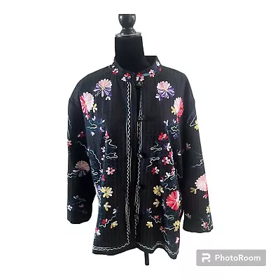 Drapers & Damons Black Floral Embroidered Jacket Size 3x BOHO Mandarin Collar • $30