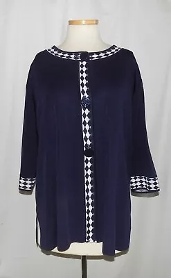 Misook Woman Blue Knit W/Blue-White Diamond Trim Button Front Cardigan Jacket 3X • $69.99