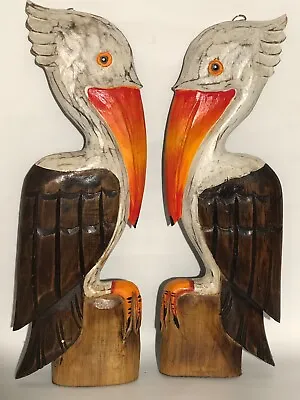 $25 • Buy 20” Pelican Set Of 2 Hand Carved Wood Birds Wall Art Patio Home Island Decor