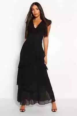 BOOHOO TALL Black Ruffle Maxi DRESS Size 16 BNWT NEW Long Plunge Cocktail Party • $40