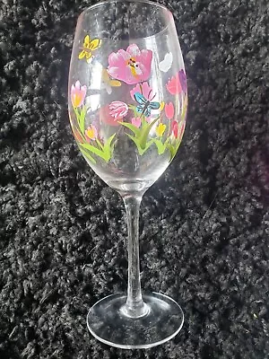 Tulips And Butterflies Hand Painted Large Wine/ Gin/ Cocktail Glass • £8