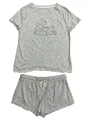 Womens Lightweight Gray Bunny Rabbit Pajamas Shorts & Tee Shirt Sleep Set • $29.99