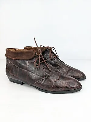 Size 37 Vintage Ladies Brown Alligator STILETTO Lace Up Flat Leather Ankle Boots • $39