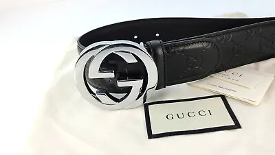 Gucci Black Guccissima Belt GG Silver Buckle Leather 411924 Size 80/32 - Size XS • $339