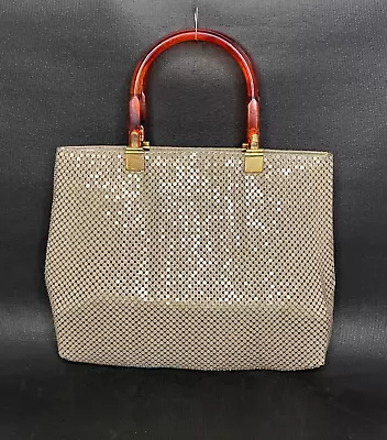 Vintage Taupe Metal Mesh Handbag Lucite Double Top Handles 1960s MOD Art Deco • $32