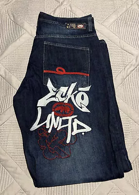 Ecko Unltd Blk Denim Jeans Graffiti Mens Size 36 Hip Hop Skater Baggy Y2K • $100