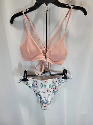 Zaful Pink Floral Mismatched Lace Up Bikini Two Piece Swimsuit - Size Medium • £12.34