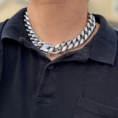 Mens Cuban Chain Choker 316L Stainless Steel Heavy Hip Hop Necklace 18  In 22MM • $43.95