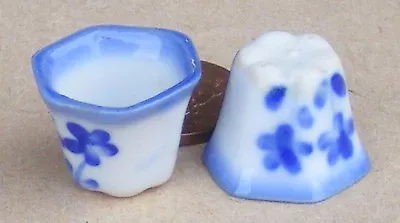 2 Blue & White Ceramic Hexagonal Plant Pots Dolls House 1:12 Scale Miniature T2 • $1.99