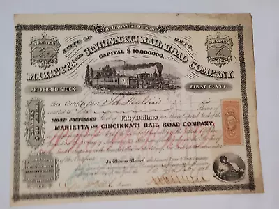 1866 Marietta & Cincinnati Railroad Company Ohio Issued Stock Certificate • $159.96