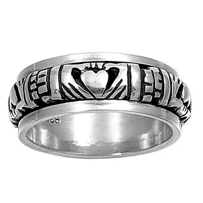 Men 9mm 925 Sterling Silver Band Oxidized Finish Claddagh Spinner Ring Gift Box • $33.99