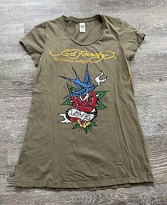 Ed Hardy T Shirt Womens Christian Audigier Love Bird Floral Green USA Vtg Y2K L • £27.93