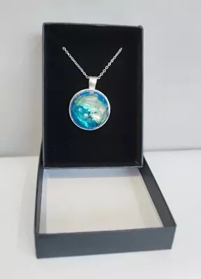 Teal Abalone Half Sphere Pendant 18  Silver Plated Necklace Chain Gift Box New • £5.50