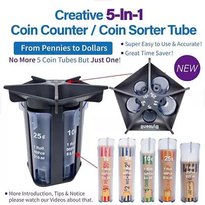 Coin Counter Coin Sorter Tube Creative 5-in-1 Change Sorter Coin Organizer • £9.99