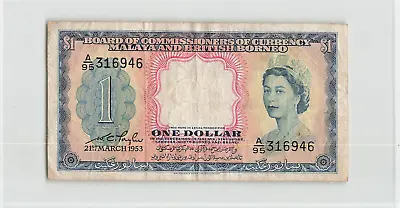MALAYA & BRITISH BORNEO 1 Dollar 1953 P-1 Very High Prefix A/95 36946 VF.  G3 • $49.50
