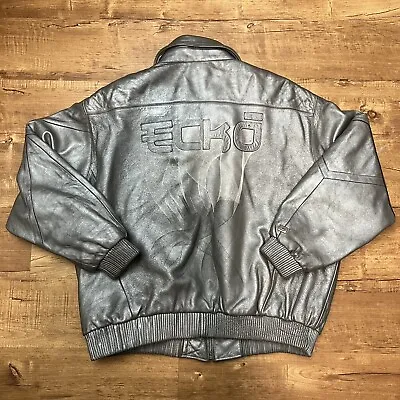 Vintage Ecko Unltd Silver Leather Bomber Jacket Lined Men's 3XL Patchwork • $239.99