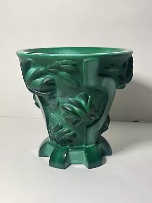 Vintage Schlevogt Vase Large Green Floral Rose Malachite Glass Art Deco 1930's • $150