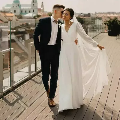 Chiffon Bridal Wedding Dress White A-Line Floor-Length V-Neck Long Sleeves • £159.50