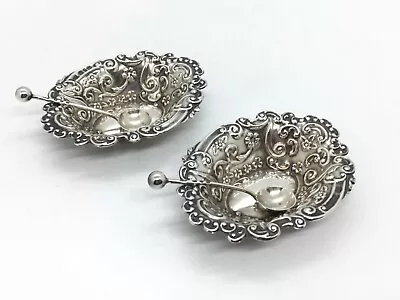Pair Of Antique Sterling Silver Salts Embossed In Art Nouveau Style With Spoons • £85
