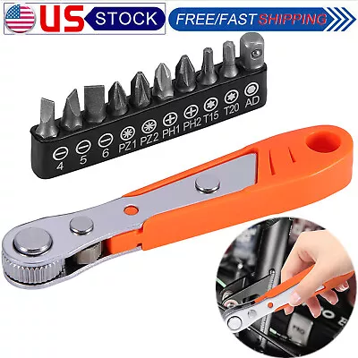 Ratcheting Right Angle Screwdriver Hex Drive 90 Degree Offset + 10Pcs Bits Set • $6.97