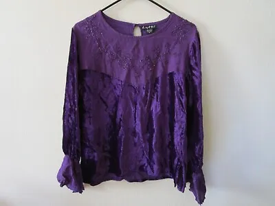 Lotus M Top Purple Crushed Velvet Beads Bell Sleeve Rayon Renaissance Blouse • $14