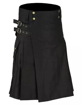 Black Deluxe Utility Kilt With Side Straps & Buckle For Men's 100% Cotton • $52.99