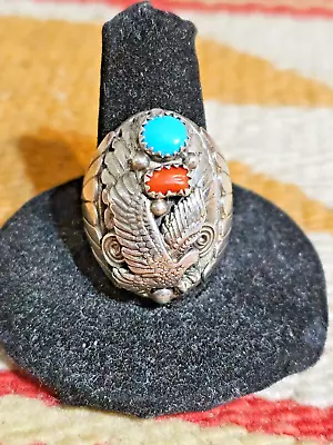 FINE HEAVY NATIVE AMERICAN STERLING RING W EAGLE TURQUOISE& CORAL Sz 8.5 22.9g • $79.99