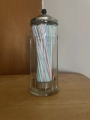 Vintage Glass Straw Holder Dispenser W/ Metal Lid  - Heavy Ribbed Glass Body • $15