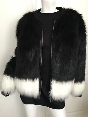 H&M Size 4 Bomber Coat Black White Shaggy Faux Fur Full Zip Lined Jacket Pockets • $49.99