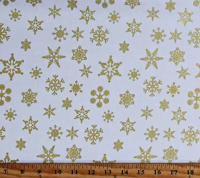 Cotton Snowflakes Gold Metallic On White Fabric Print By The Yard D502.75 • $12.95