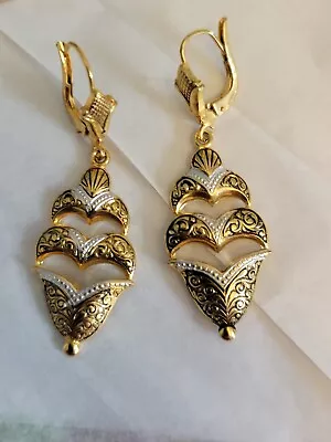 Vintage Damascene Toledo Gold Spain Dangle Pierced Earrings • $18