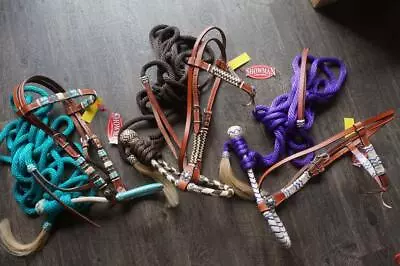 Bitless Show Hackamore TEAL BROWN PURPLE Rawhide Bosal Mecate Full Set • $88.50