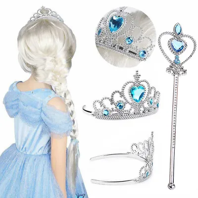 Girls Elsa Princess Tiara Crown+Magic Wand Wedding Prom Party Pageant Dress Up • £4.69