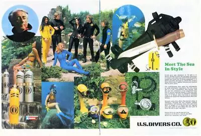 1974 U.S. Divers PRINT AD Vintage Scuba Diver Suits BC Dive Knife Mask Regulator • $14.99