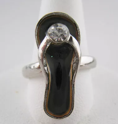 Silvertone Crystal Rhinestone Flip Flop Sandal Enamel Adjustable Mood Ring • $5.99