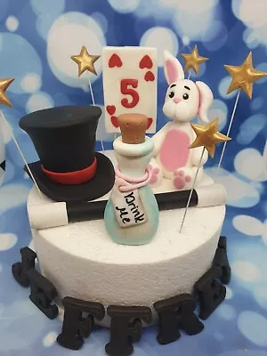 Edible Magic Hat Wand Rabbit Playing Card Magician Theme Name Age Cake Topper • £31