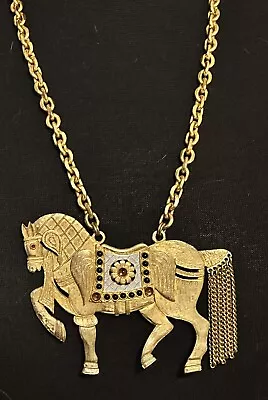 Vintage Cadoro 1970s Runway Statement Gold Tone Horse W/ Jeweled Saddle Necklace • $149.99