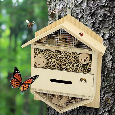 Large Insect Bug Bee Hotel Hanging Wooden House Ladybird Nest Wood Shelter Box • £18.99