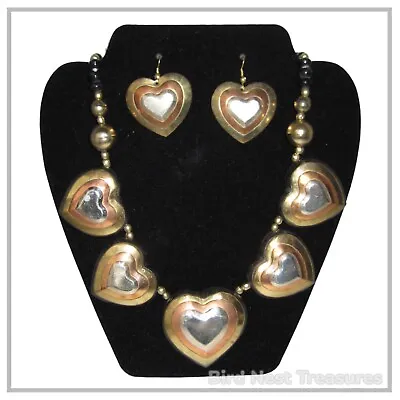 Vintage 1980s Tricolor Metal Bohemian Style NECKLACE & EARRINGS With Lucite • $27.59