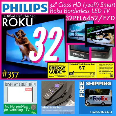 Philips 32  HD 720P Smart Roku Borderless LED TV 32PFL6452/F7D With Remote/Stand • $99.09