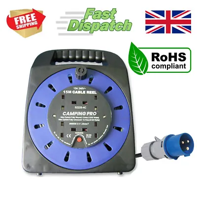 CAMPING PRO Camping Mains Hookup Extension Power Lead Cable Reel 16A Plug 15m • £29.99
