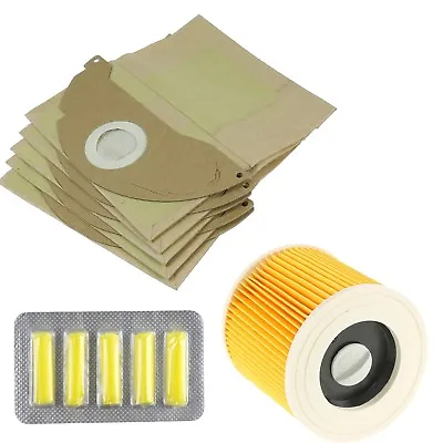 Wet & Dry Vacuum Cleaner Filter & 5 Dust Bags For Karcher Models + 5 Fresheners • £8.95