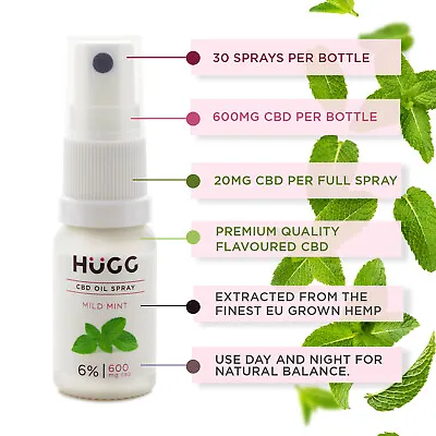 £14.99 • Buy HUGG CBD Oil With A Mild Mint Flavour And Easy Spray Dosing 600mg Hemp CBD, 10ml