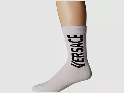 $95 Versace Men's White Logo Intarsia Cotton Italy Crew Socks 1 Pair Size M • $79.95