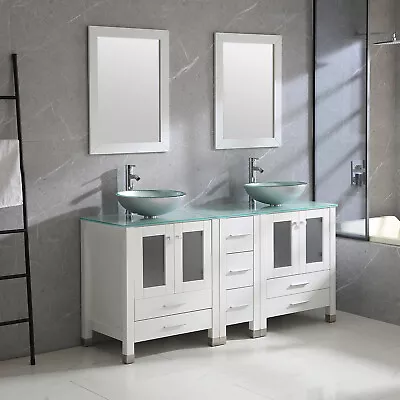 60inch Double Bathroom Vanity Cabinet Round Glass Vessel Sink Faucet &Drain NEW • $929.99