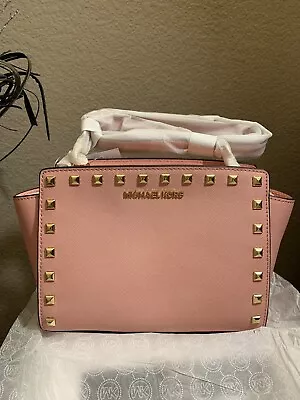 New Michael Kors Selma Stud Medium Pale Pink Saffiano Leather Messenger Bag • $119