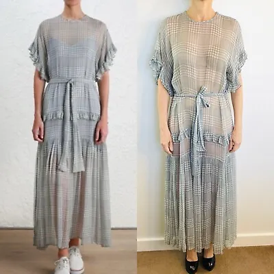 Zimmermann Size 2 (10 12) Grey White Check Silk Tiered Frill Sheer Maxi Dress • $299