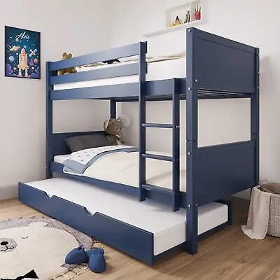 Single Bunk Bed Detachable Navy Blue Wooden With Trundle Bed And Ladder • £309.92